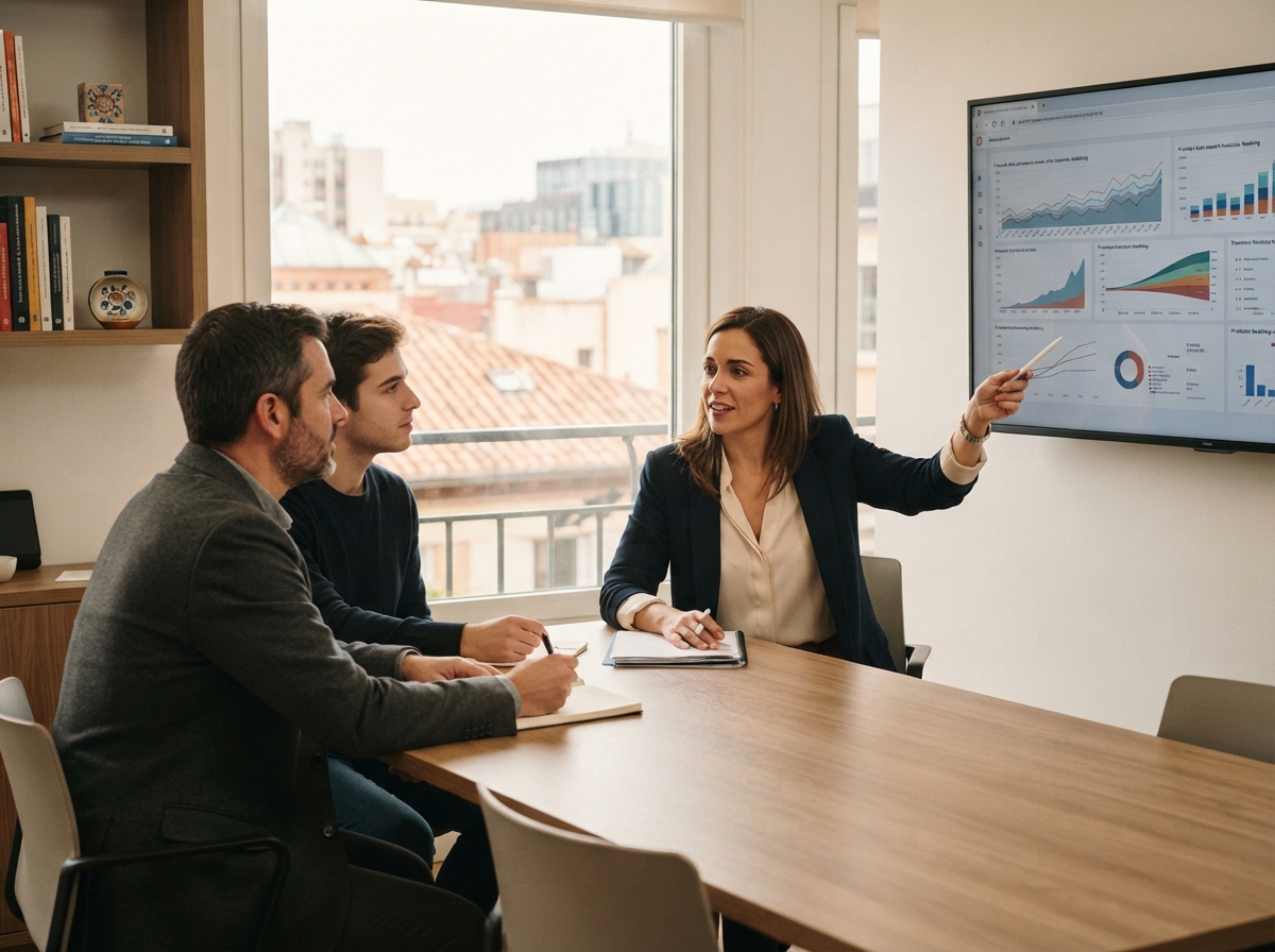 Dinero Fertil AI — equipo analizando datos financieros en un entorno profesional